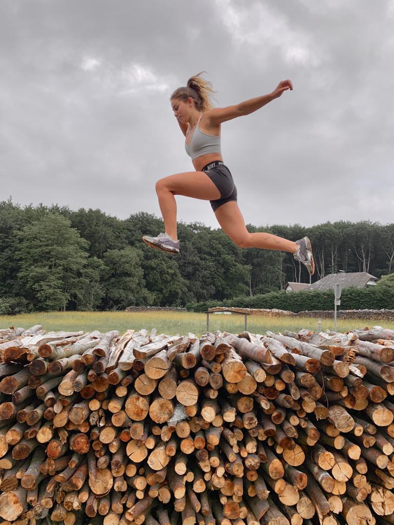 Caro springt über Holzstapel
